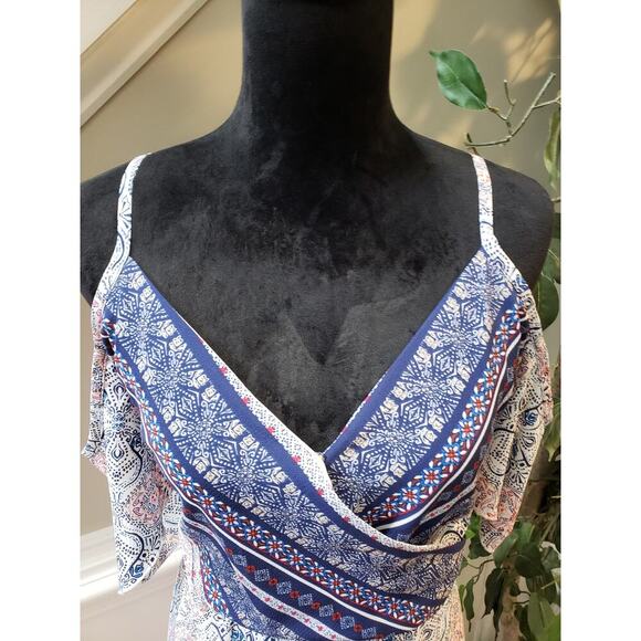 Maurices Dress Women Size X-L Blue Pink Boho Cold Shoulder Wrap Midi Belted - Picture 7 of 16